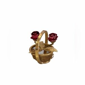 Vintage Miniature Artisan Roses in Brass Flower Basket